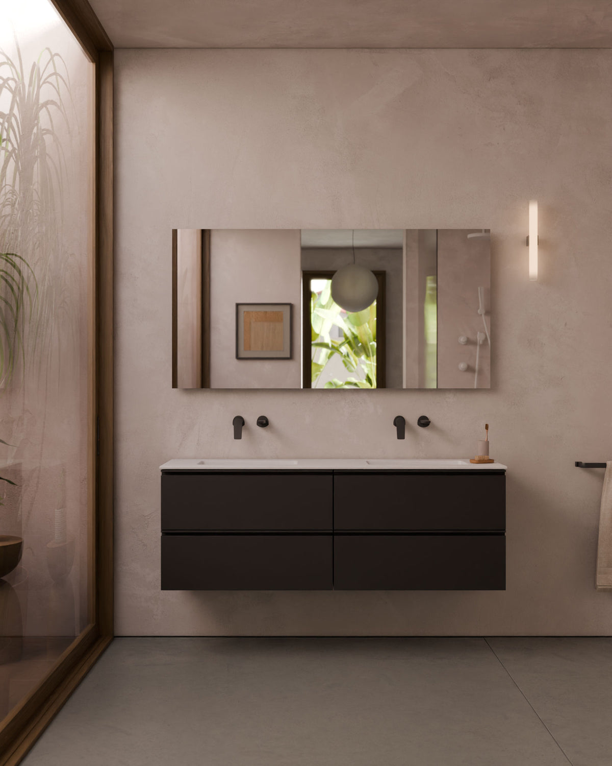 Ronda 4 cajones Doble seno Negro Negro – con lavabo integrado Toren Blanco, Faldón 2 cm, sin agujero de grifo, vista frontal