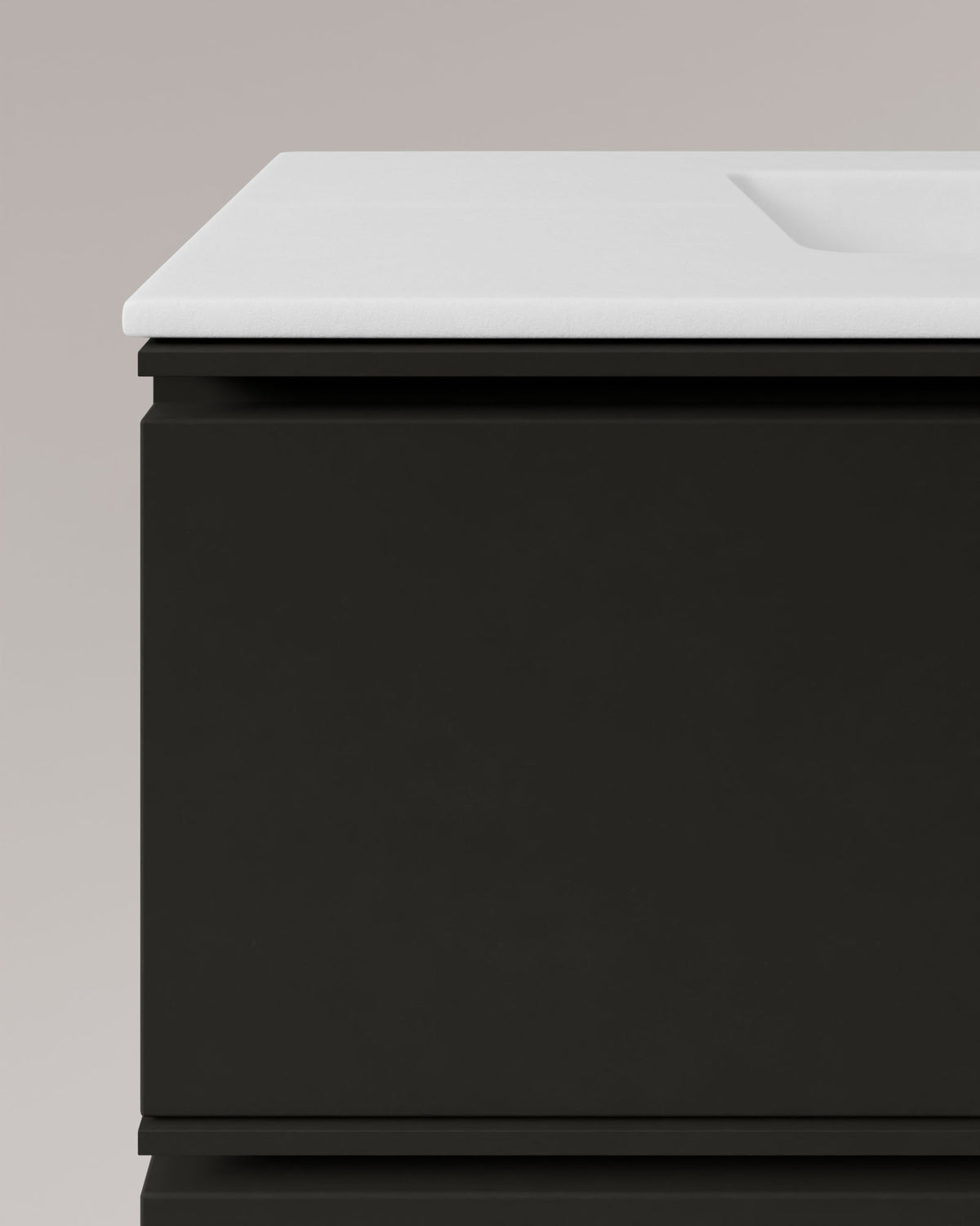 Ronda 4 cajones Doble seno Negro Negro – con lavabo integrado Toren Blanco, Faldón 2 cm, con agujero de grifo, vista de detalle