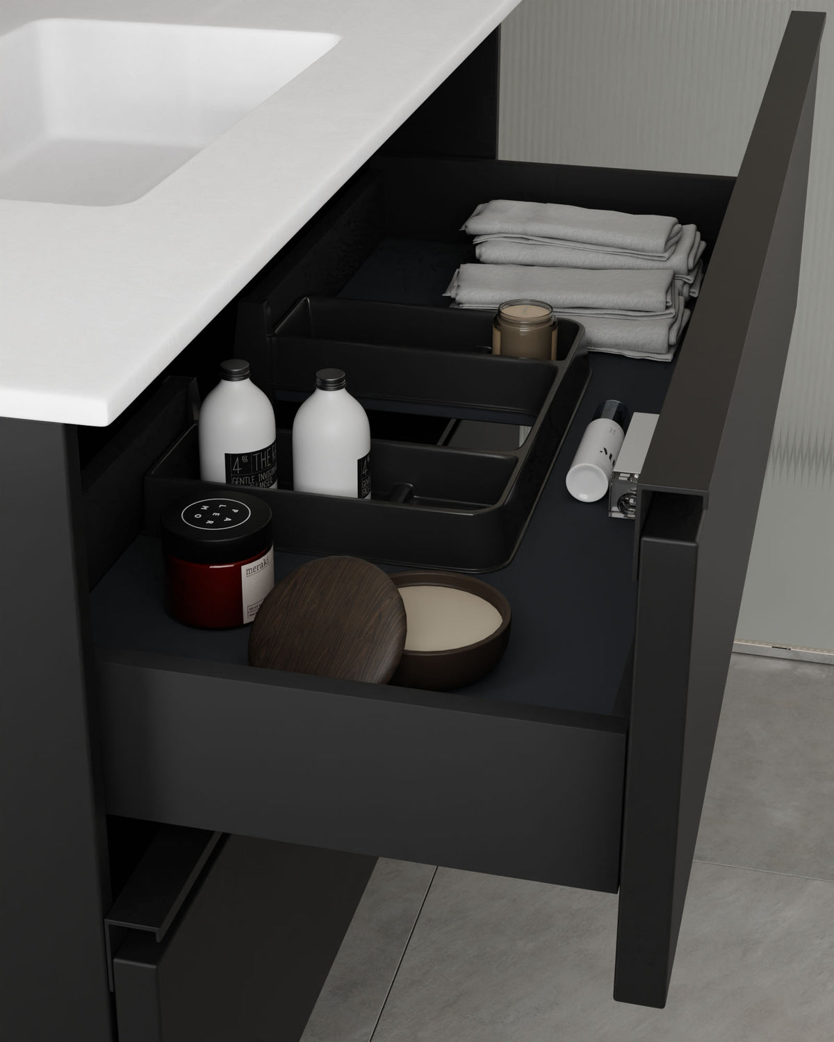 Ronda 4 cajones Doble seno Negro Negro – con lavabo integrado Toren Blanco, Faldón 2 cm, sin agujero de grifo, vista del cajón