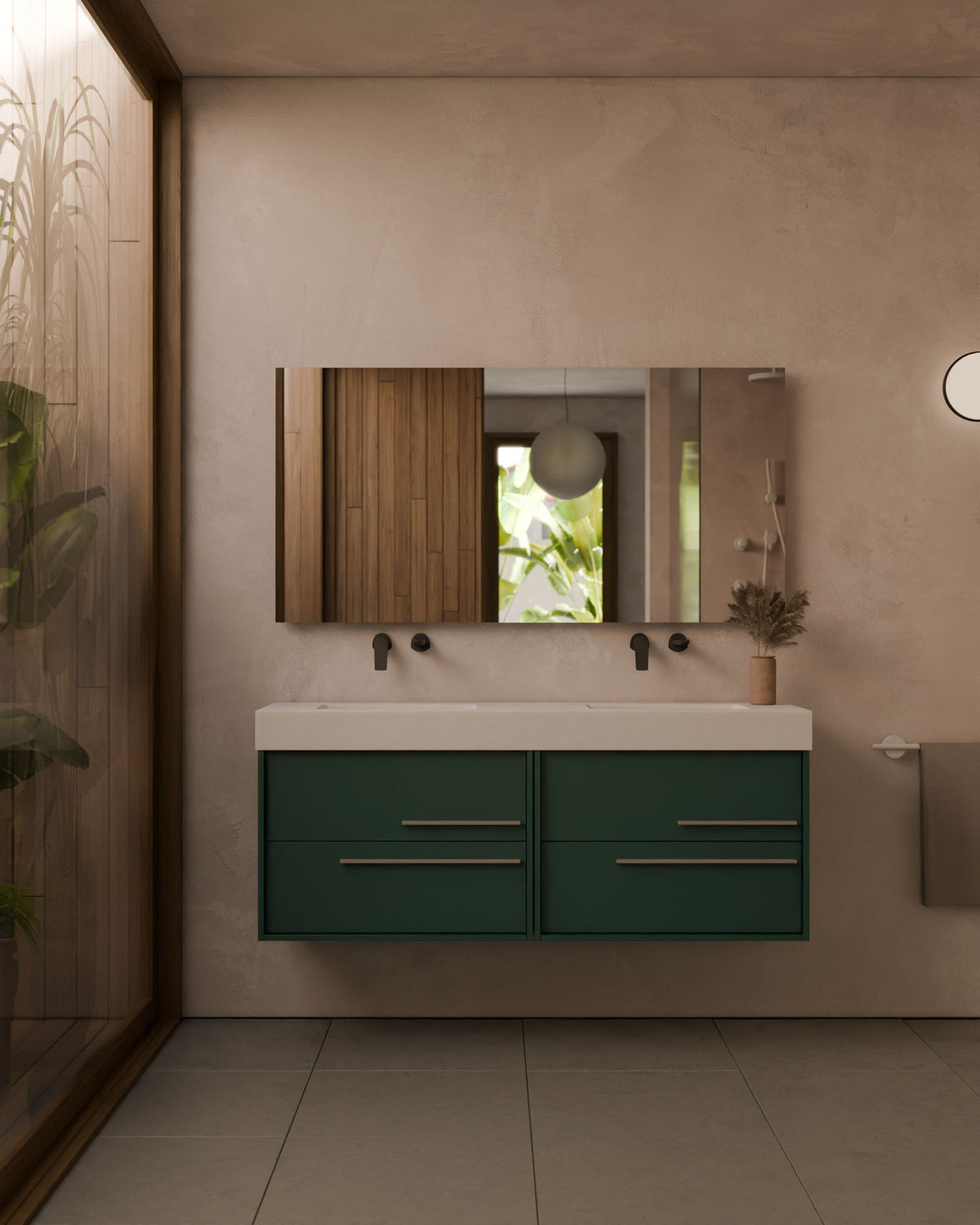 Marel 4 tiroirs Double vasque Emeraude Quartz – avec plan vasque Toren Blanc, Tablier 10 cm, sans trou de robinet, vue de face