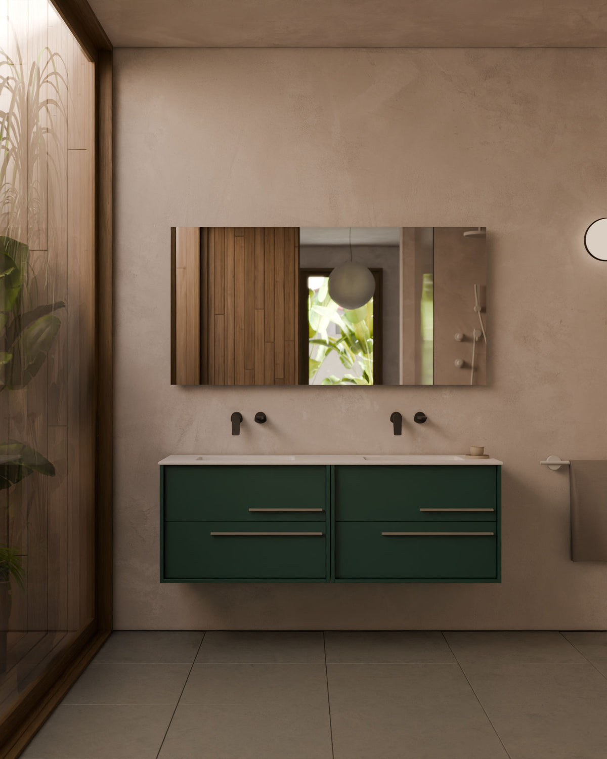 Marel 4 tiroirs Double vasque Emeraude Quartz – avec plan vasque Toren Blanc, Tablier 2 cm, sans trou de robinet, vue de face
