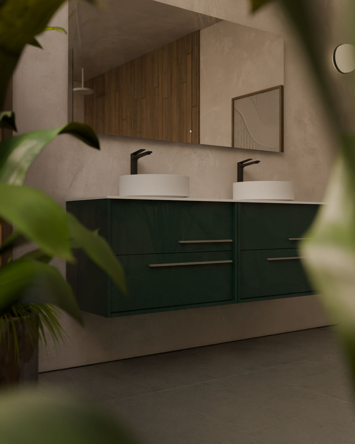 Marel 4 tiroirs Double vasque Emeraude Quartz – avec plan de travail Blanc, gros plan