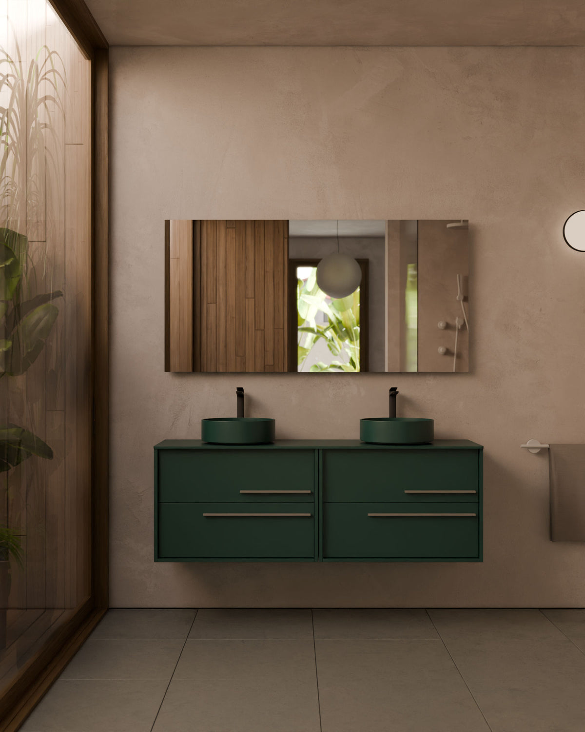 Marel 4 tiroirs Double vasque Emeraude Quartz – avec plan de travail Émeraude, vue de face