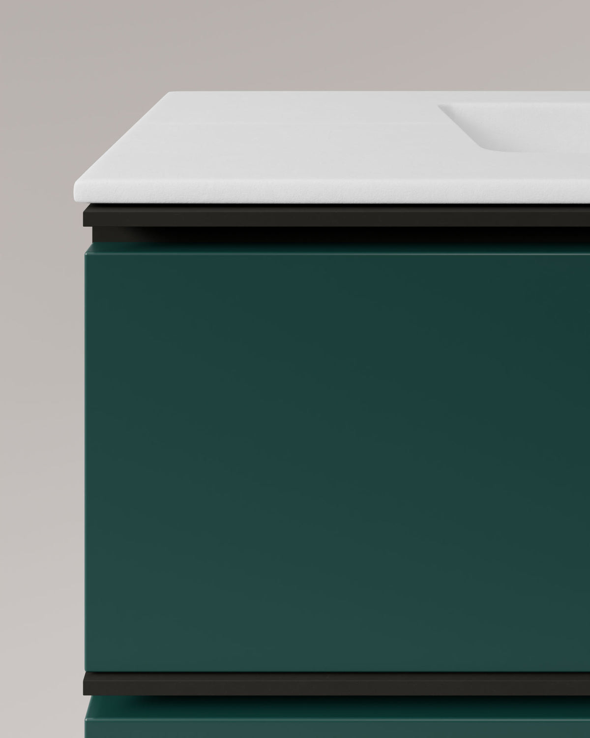 Ronda 4 Schubladen Doppelbecken Smaragd Schwarz – mit Möbelwaschtisch Toren Weiß, Schürze 2 cm, mit Hahnloch, Detailansicht