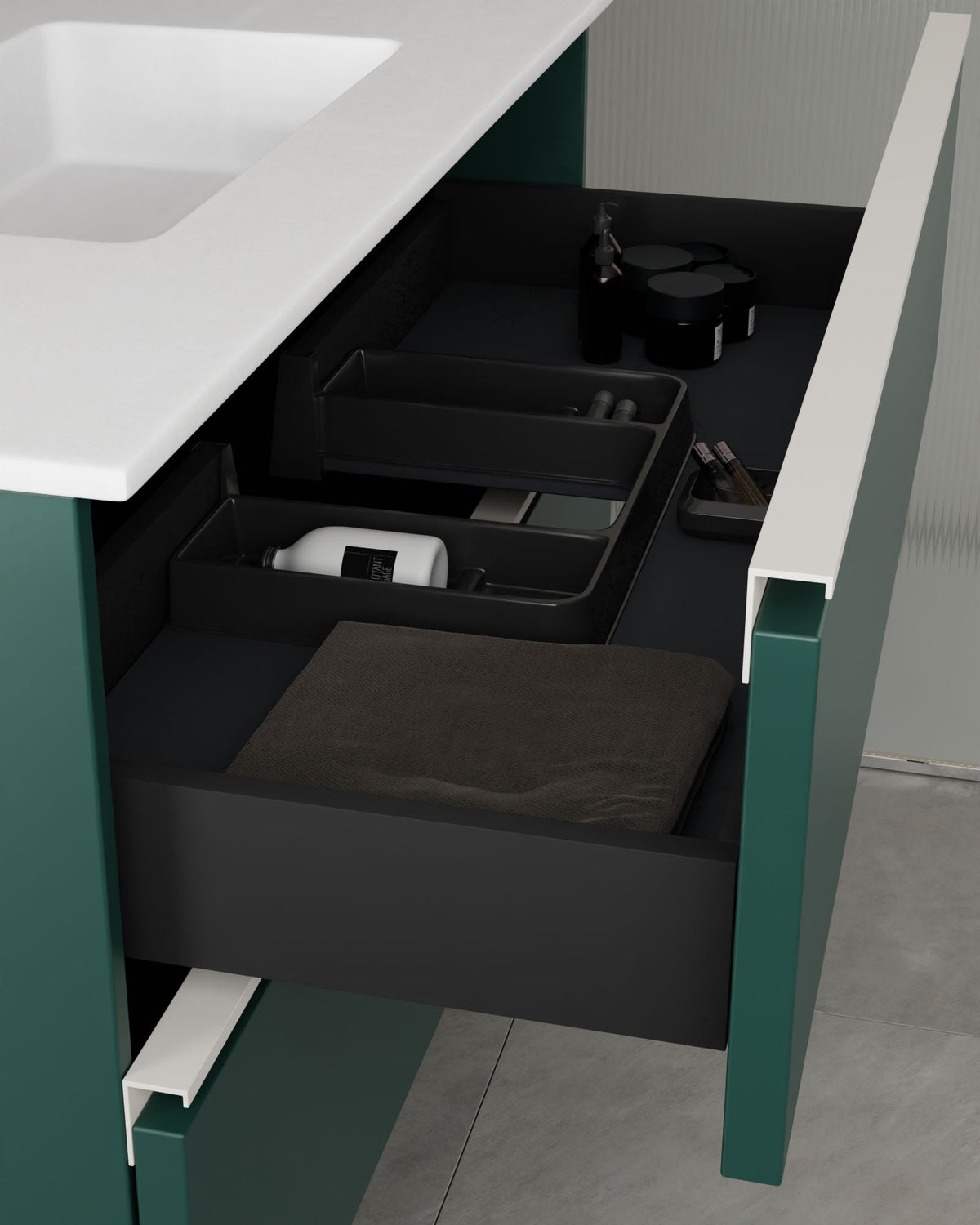 Ronda 4 tiroirs Double vasque Emeraude Blanc – avec plan vasque Toren Blanc, Tablier 2 cm, sans trou de robinet, vue du tiroir