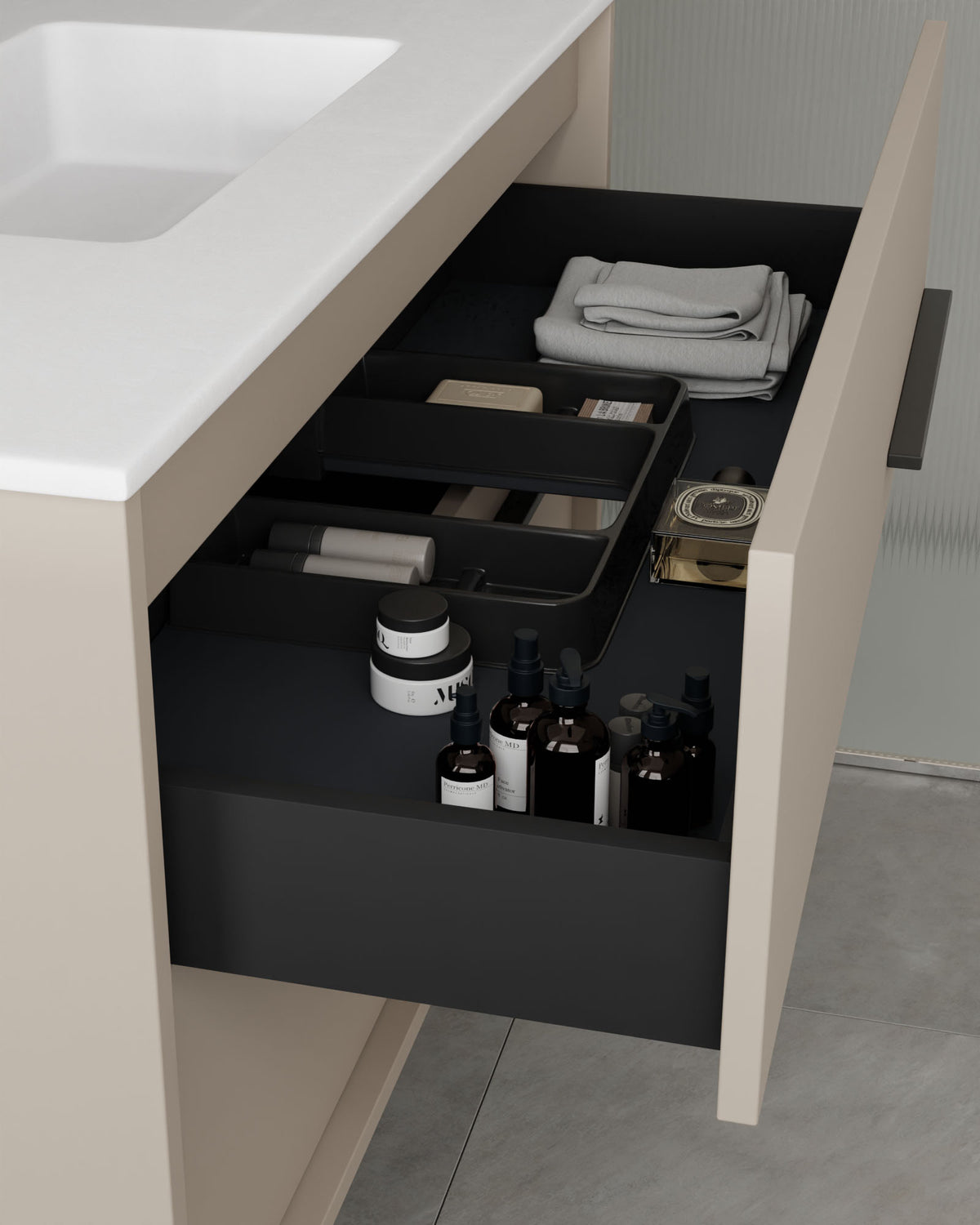 Marel 4 cajones Doble seno Topo Grafito – con lavabo integrado Toren Blanco, Faldón 2 cm, sin agujero de grifo, vista del cajón