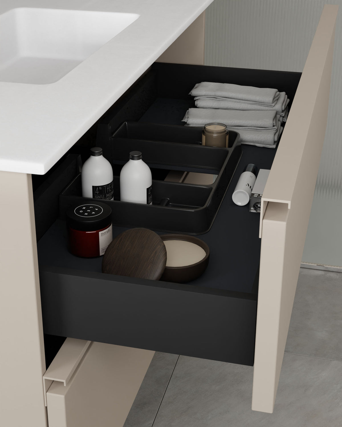 Ronda 4 cajones Doble seno Topo Topo – con lavabo integrado Toren Blanco, Faldón 2 cm, sin agujero de grifo, vista del cajón