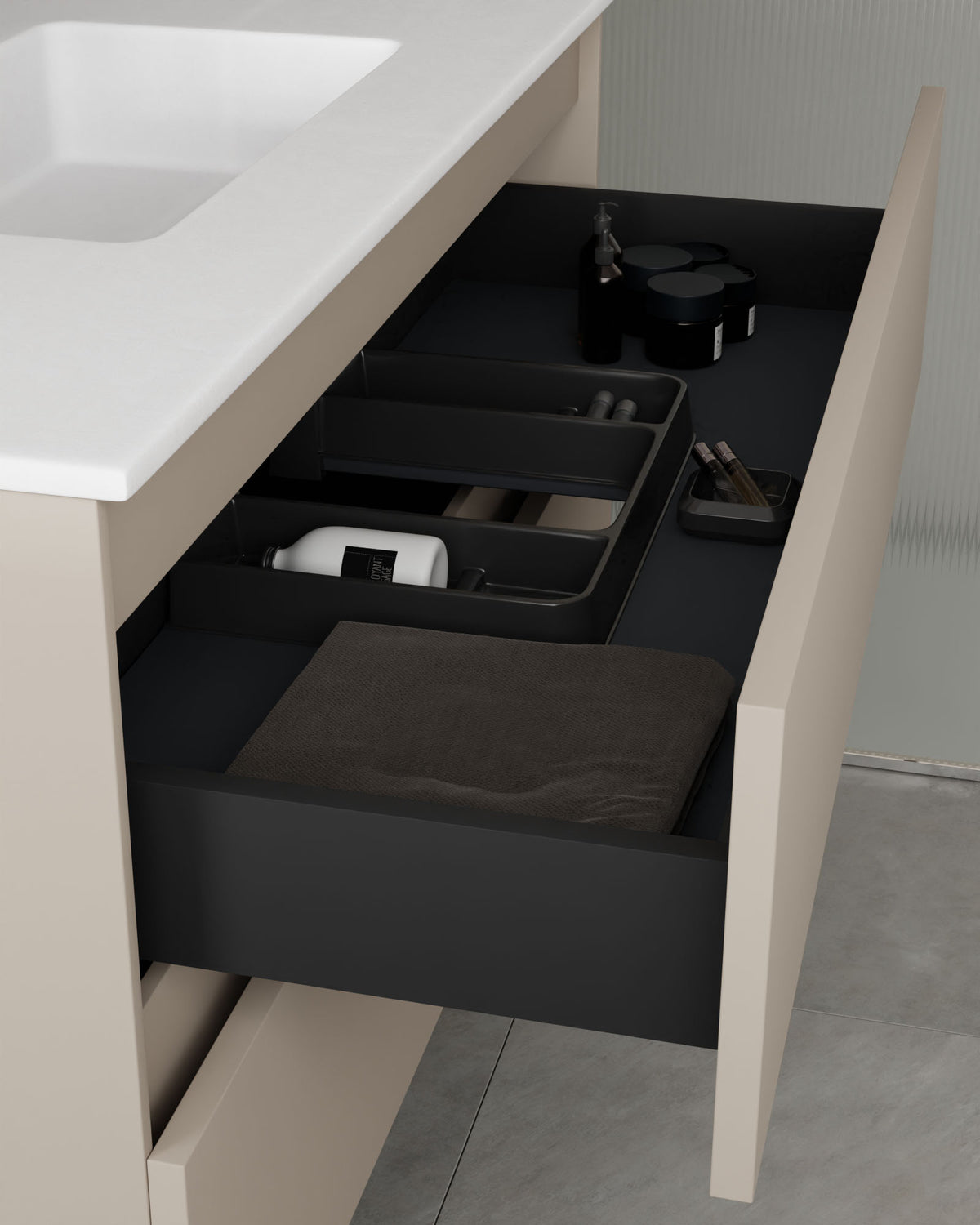 Zuri 4 cajones Doble seno Topo – con lavabo integrado Toren Blanco, Faldón 2 cm, sin agujero de grifo, vista del cajón