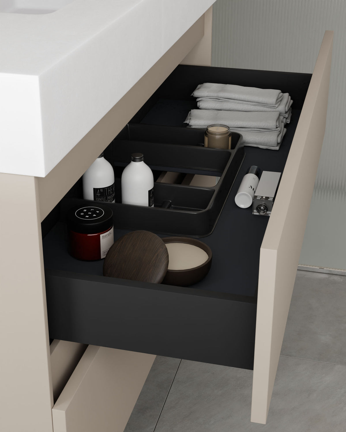 Zuri 4 cajones Doble seno Topo – con lavabo integrado Toren Blanco, Faldón 10 cm, sin agujero de grifo, vista del cajón