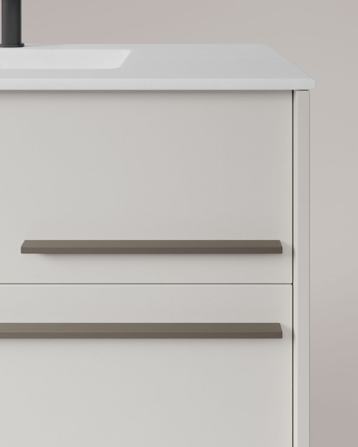 Marel 4 cajones Doble seno Blanco Cuarzo – con lavabo integrado Toren Blanco, Faldón 2 cm, con agujero de grifo, vista de detalle