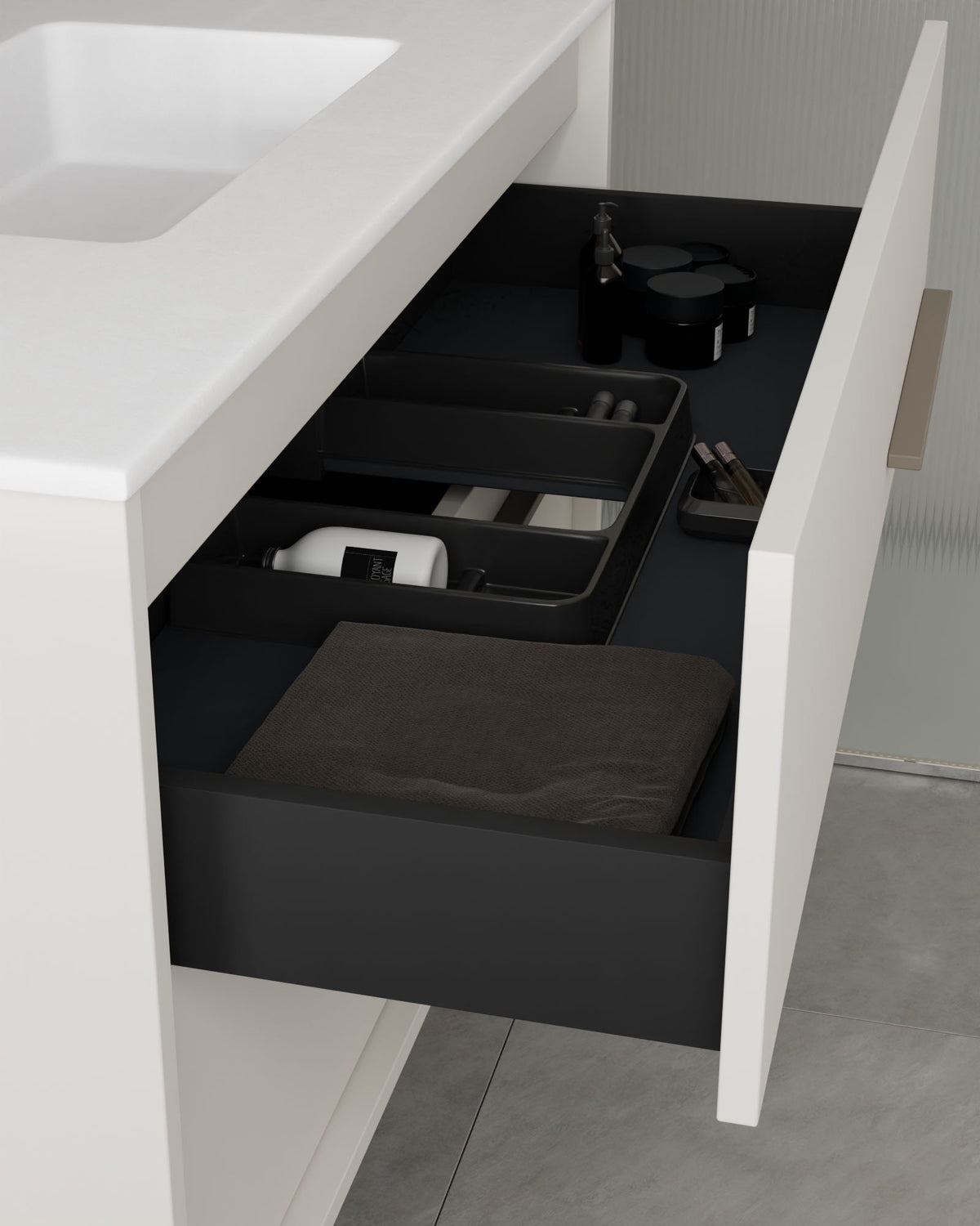 Marel 4 cajones Doble seno Blanco Cuarzo – con lavabo integrado Toren Blanco, Faldón 2 cm, con agujero de grifo, vista del cajón