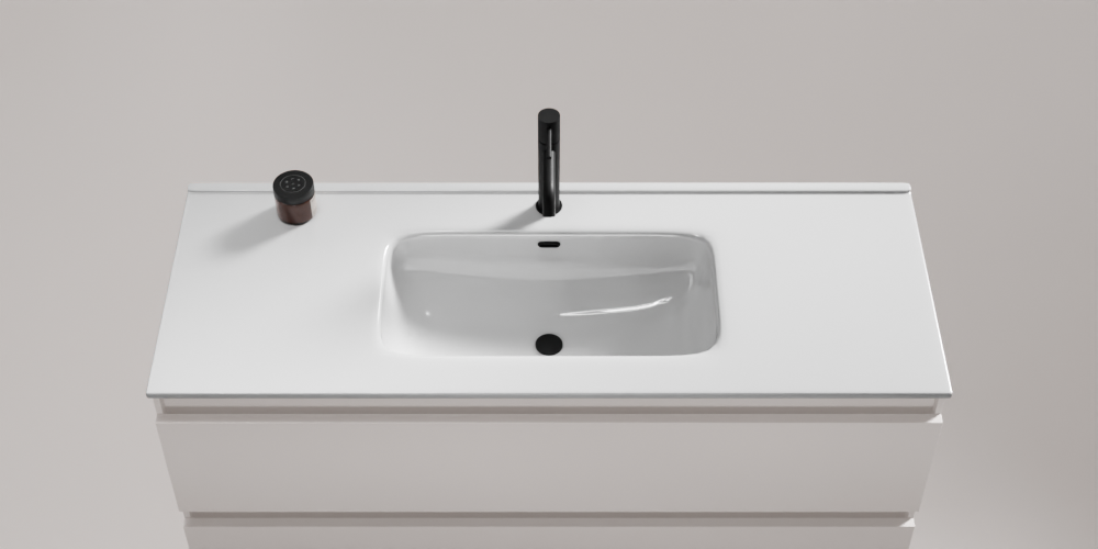 Kivan Möbelwaschtisch Keramik Weiß Einzelbecken – Schürze 2 cm, mit Hahnloch