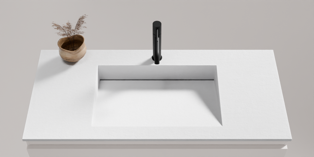 Tayla Möbelwaschtisch Mineralguss Weiß Einzelbecken – Schürze 2 cm, mit Hahnloch