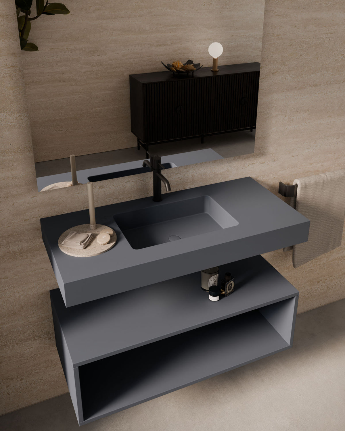 Viala lavabo suspendu carré Anthracite simple vasque – Tablier 10 cm, avec trou de robinet, vue de biais