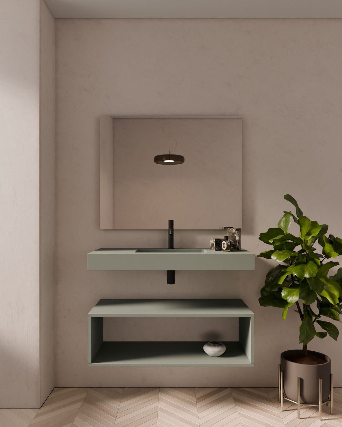 Viala lavabo suspendido cuadrado Salvia 1 seno – Faldón 10 cm, con agujero de grifo, vista frontal