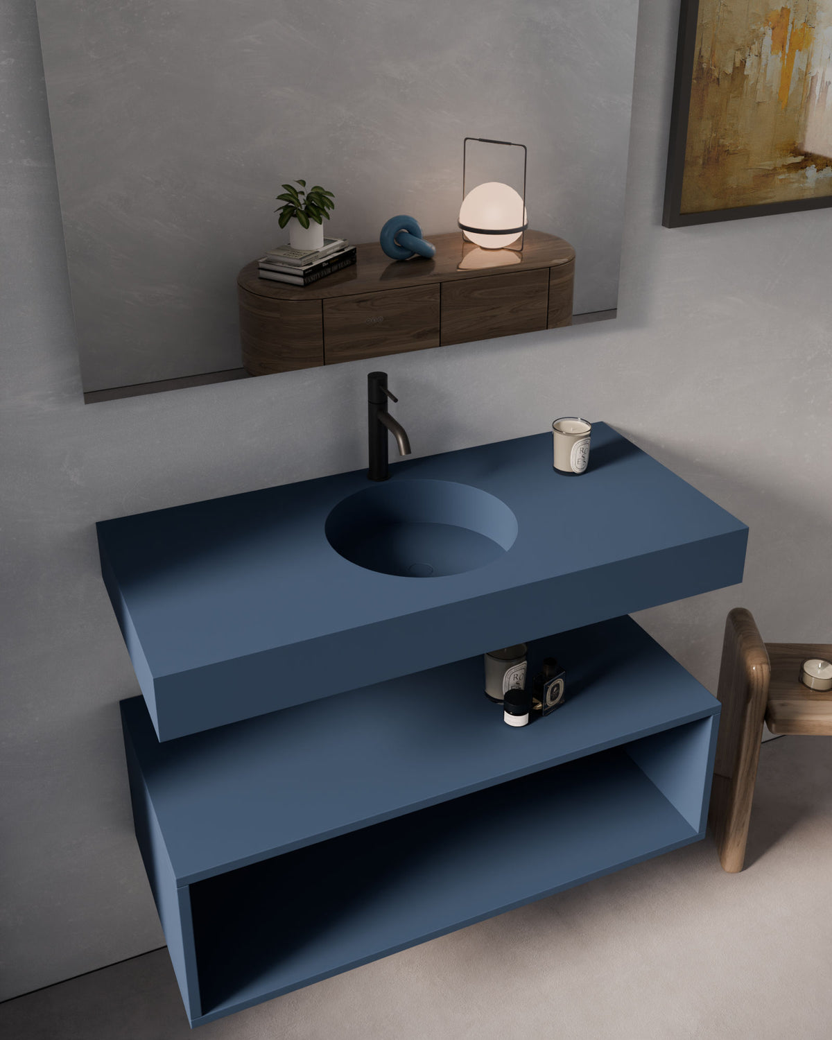 Nera lavabo suspendido redondo Azul Brisa 1 seno – Faldón 10 cm, con agujero de grifo, vista en ángulo