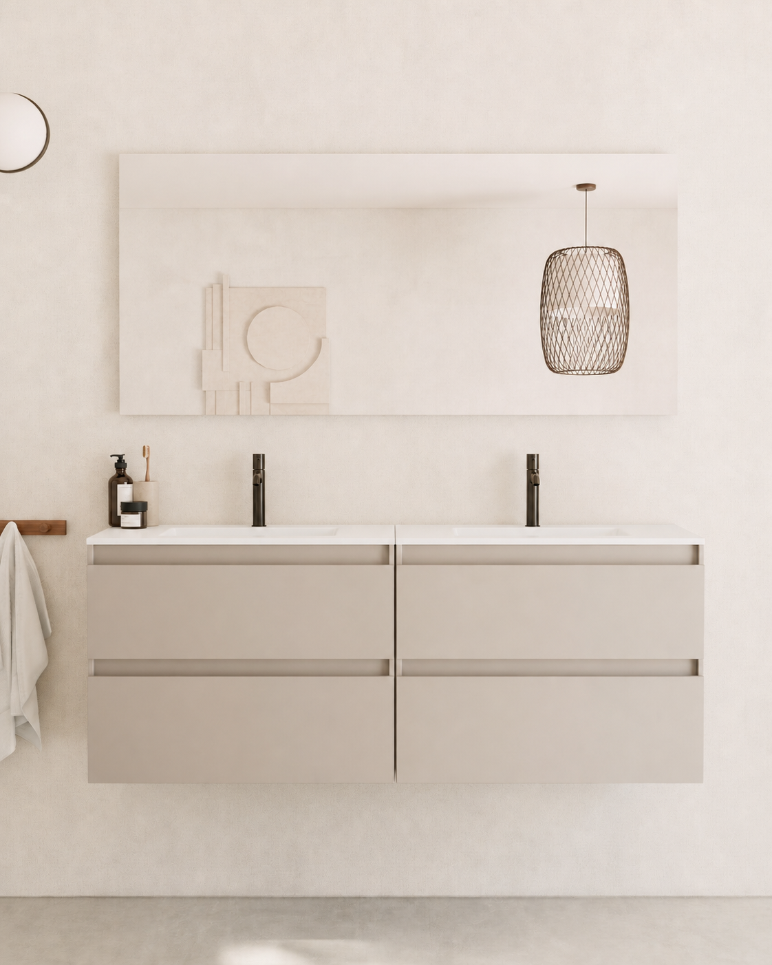 Zuri Waschtischunterschrank Taupe mit 4 Schubladen und 2 Waschbecken